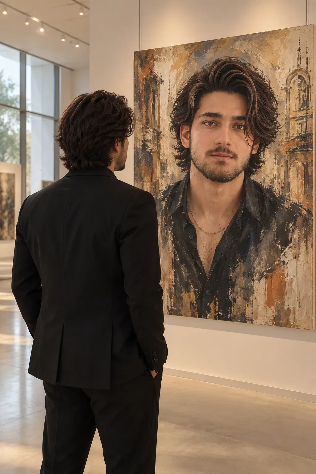 Contemplating His Painted Portrait AI Photo Prompt preview example result