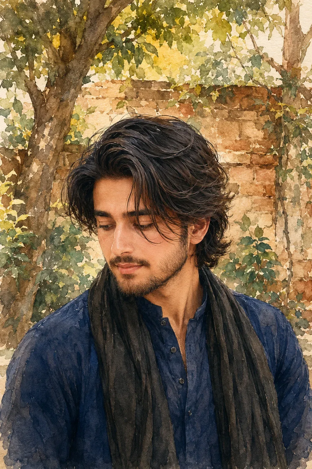 Contemplative Garden Watercolor Portrait AI Photo Prompt preview example result