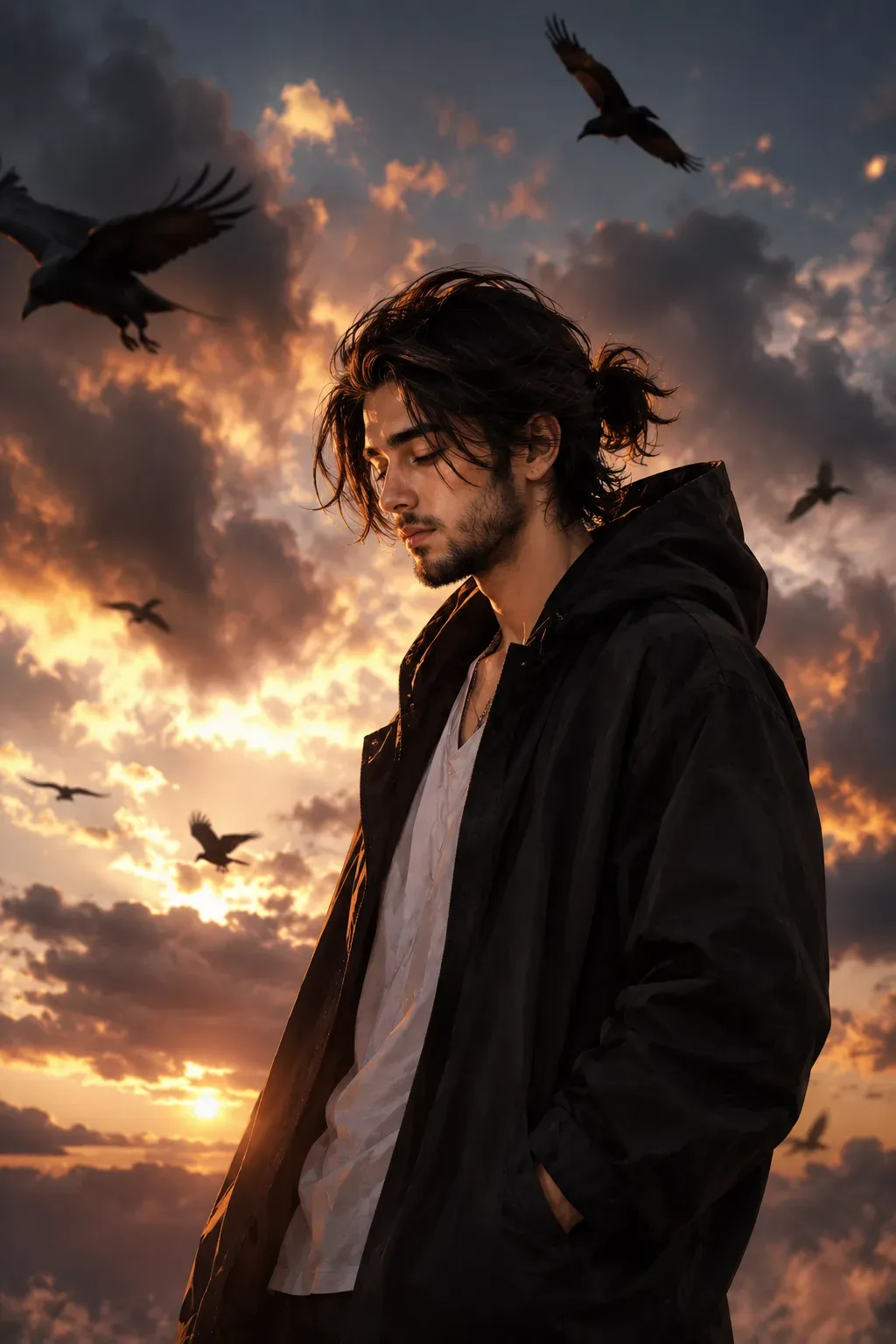 Contemplative Man Beneath Raven-filled Skies AI Photo Prompt preview example result