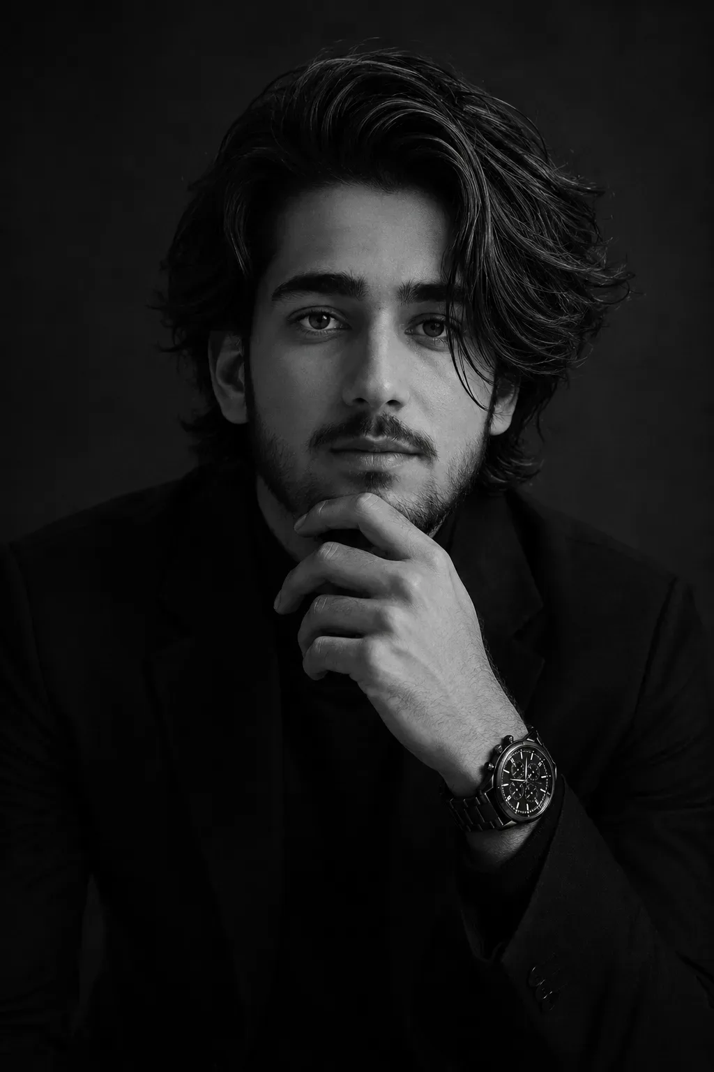 Contemplative Monochrome Portrait With Watch AI Photo Prompt preview example result