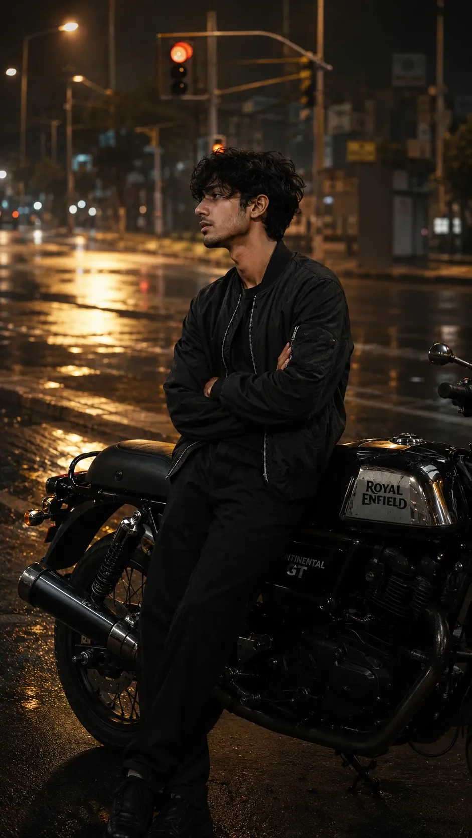 Contemplative Ride Through Rainy Streets AI Photo Prompt preview example result