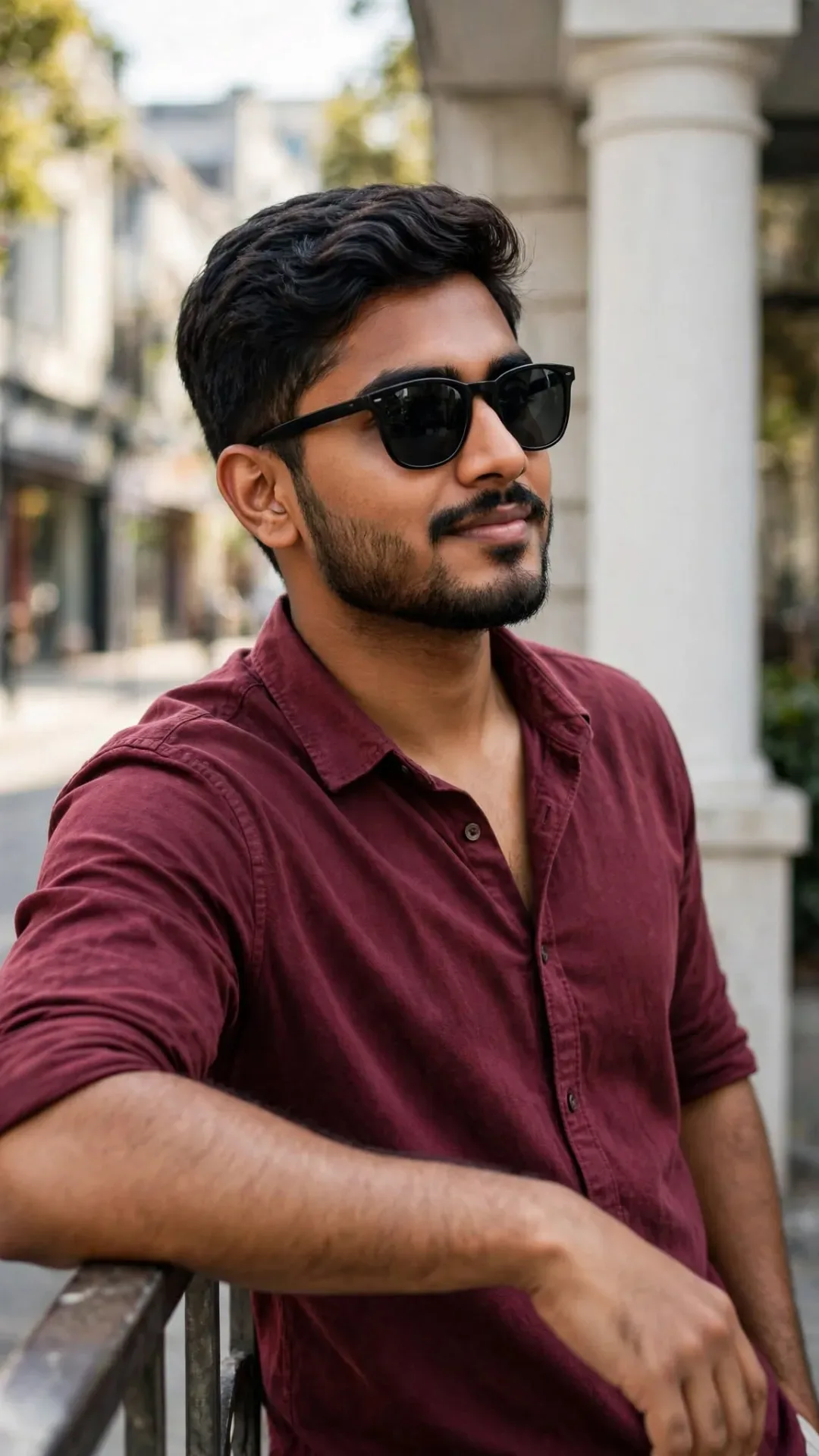 Cool Urban Portrait Man In Maroon Shirt With Sunglasses AI Photo Prompt preview example result