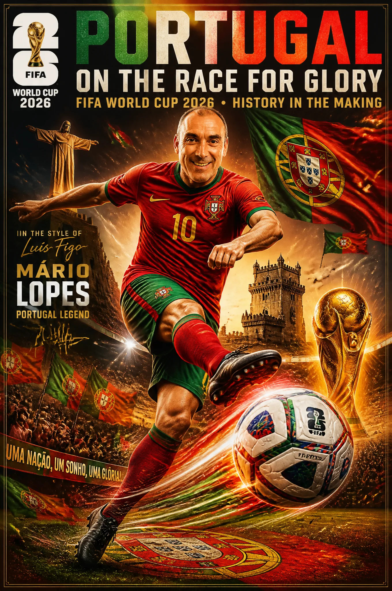 [Country Name]: Portugal[Player Name]: Mario Lopes[Country Primary Colors AI Photo Prompt generated preview