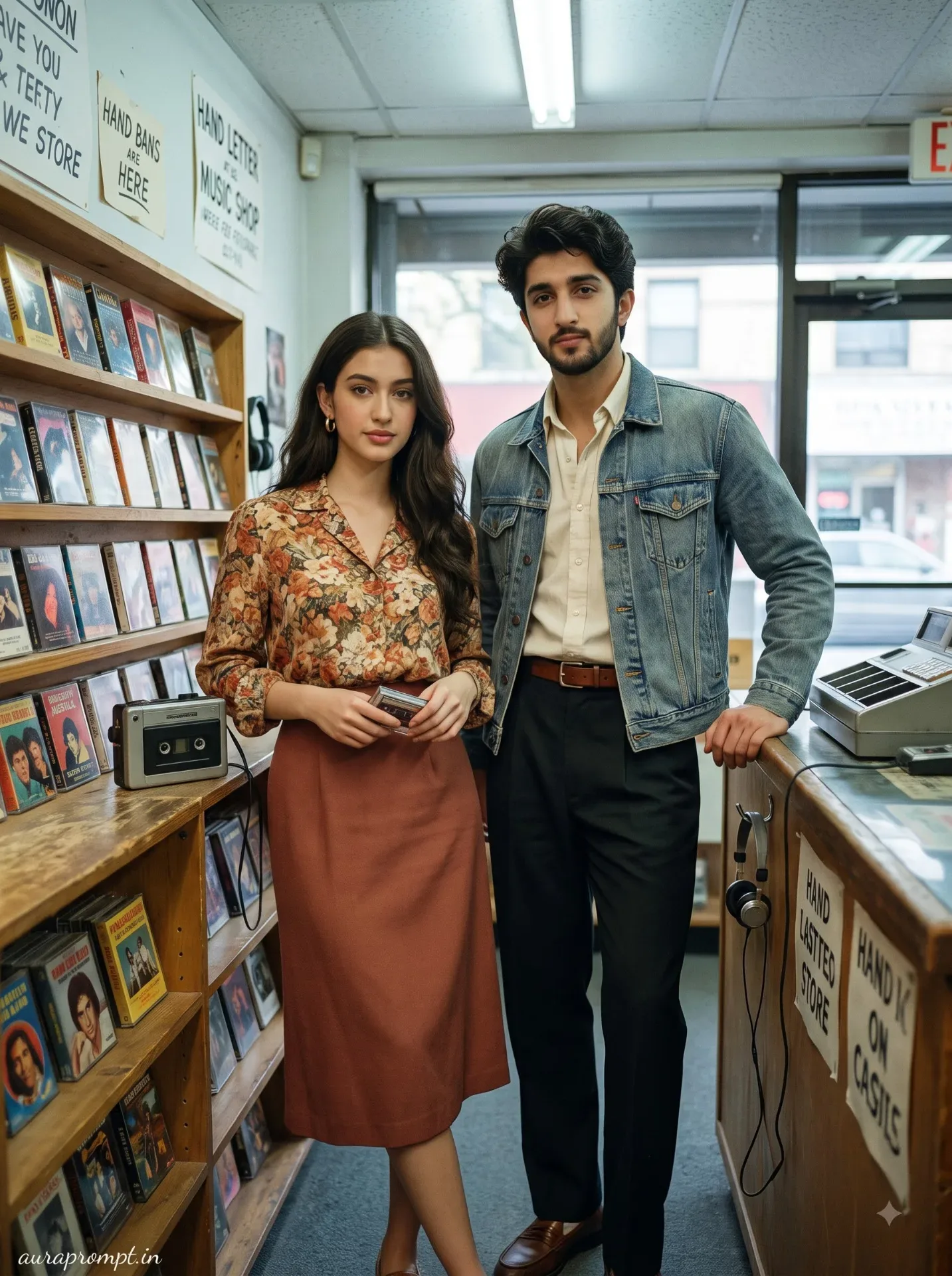 Couple Inside A 1985 Cassette Music Shop AI Photo Prompt preview example result
