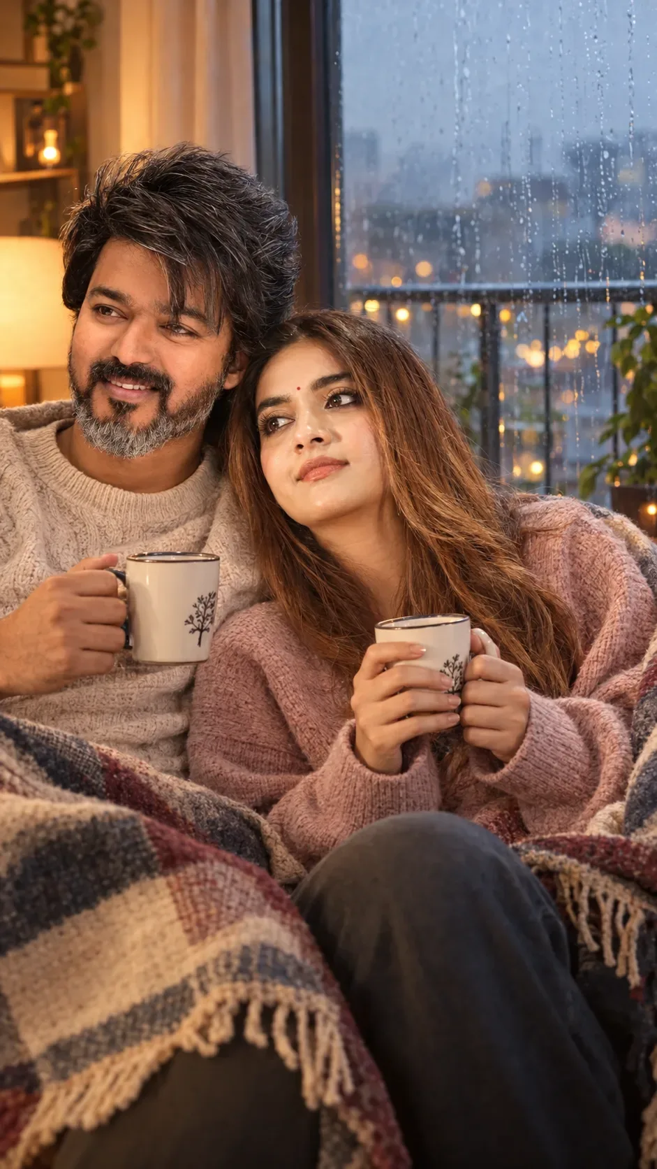 "cozy Rainy Balcony Couple Portrait" AI Photo Prompt preview example result