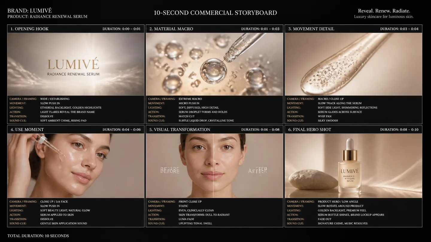Create A 10-Second Product Commercial Storyboard For AI Photo Prompt generated preview