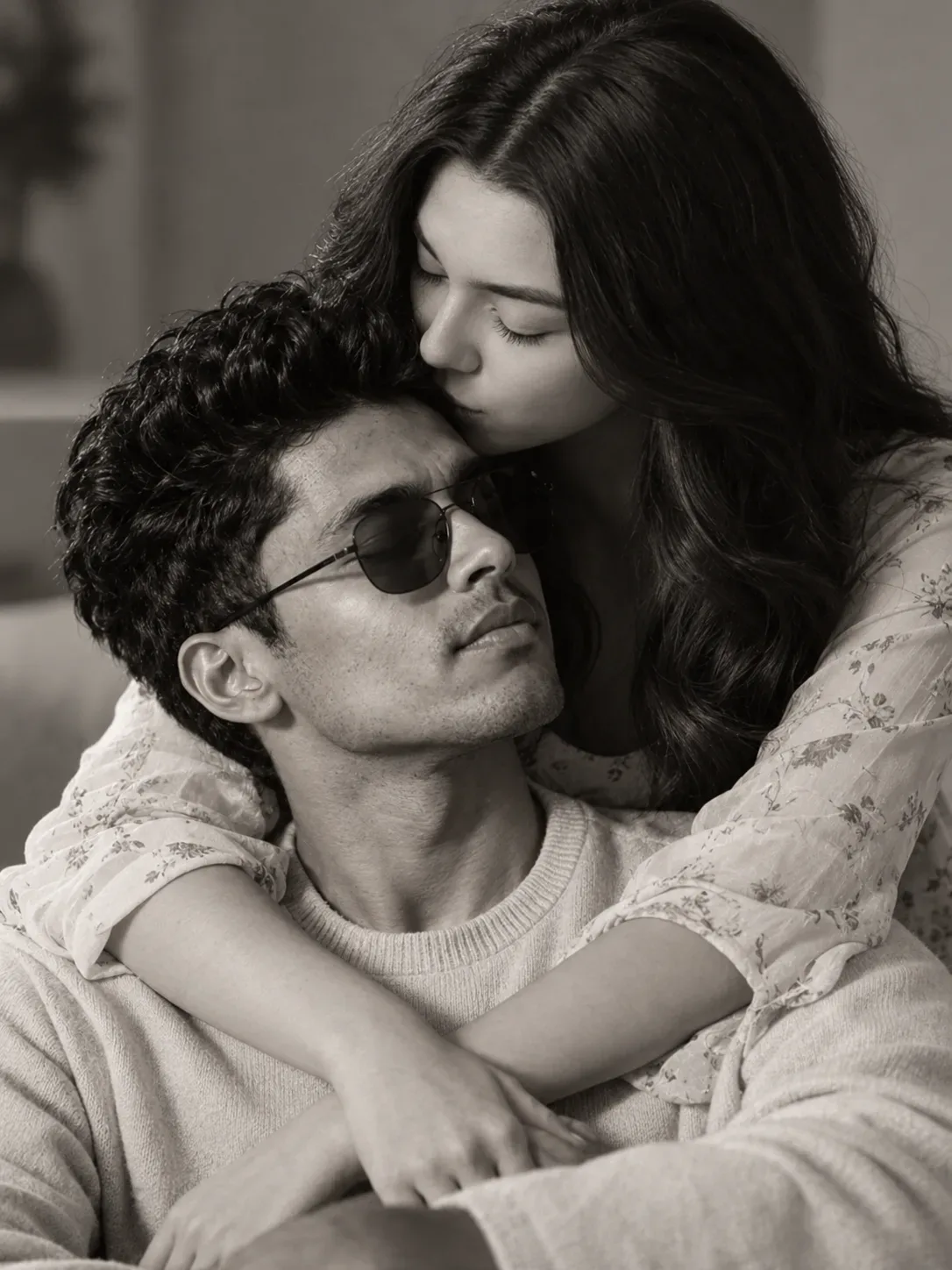 Create A Gentle, Intimate Black-and-white Portrait Of A Couple In A Close Embrace AI Photo Prompt preview example result