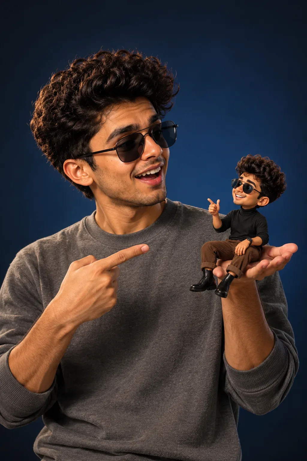 Create A Studio Portrait Blending A Real Human With A Tiny Pixar Style 3D Cartoon Version AI Photo Prompt preview example result