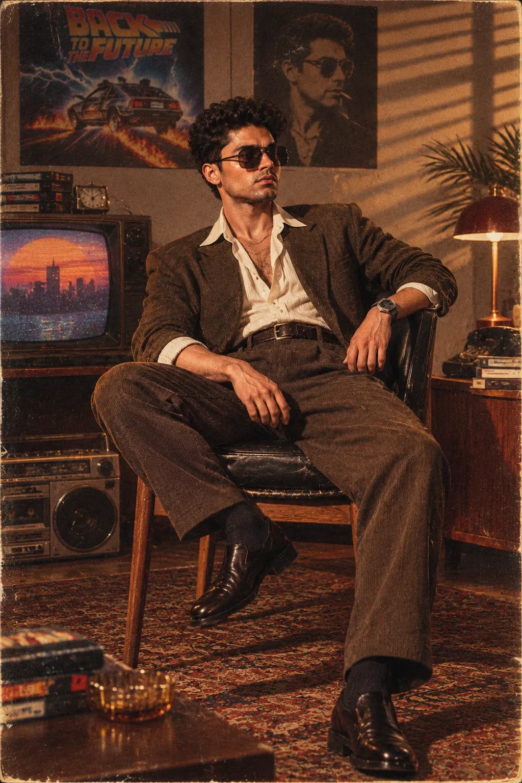 Create A Ultra Realistic Cinematic 1980 Retro Editorial Potrait Of A Stylish Young Man AI Photo Prompt preview example result