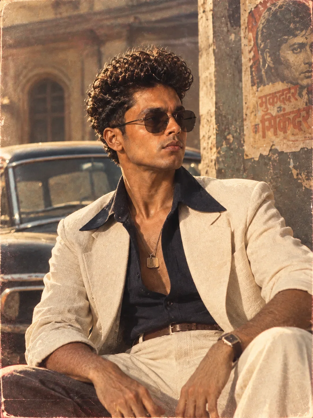 Create a ultra realistic cinematic 1980 retro editorial potrait of a young man preview example result