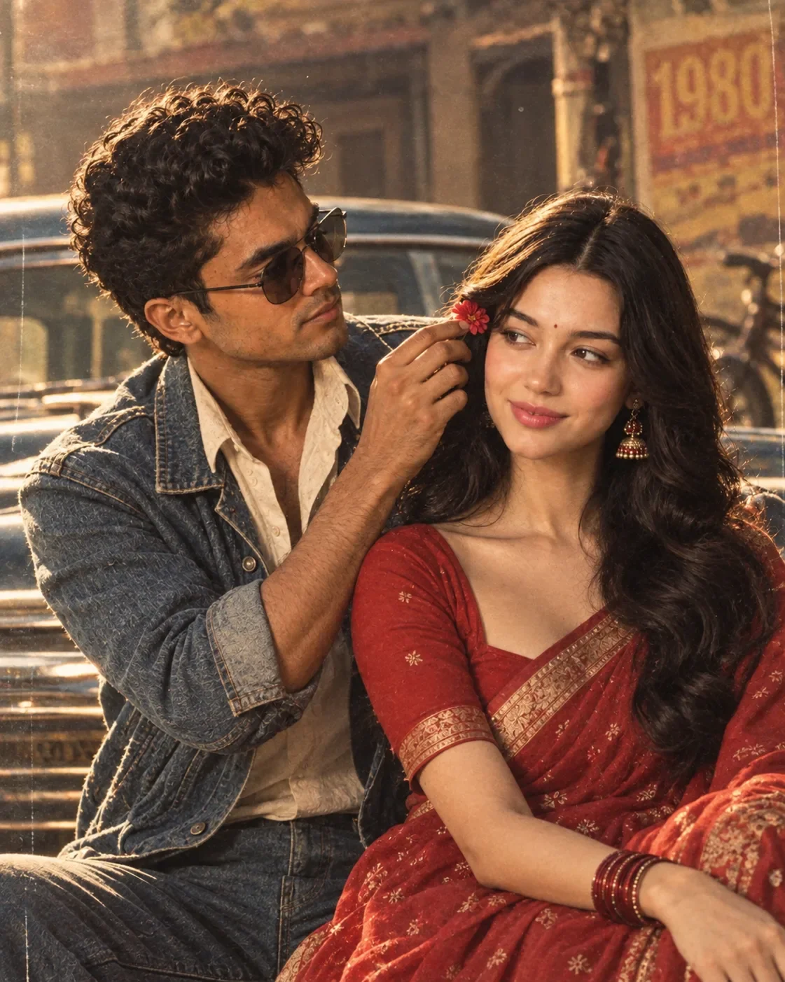 Create an ultra realistic cinematic 1980s indian romantic AI Photo Prompt preview example result