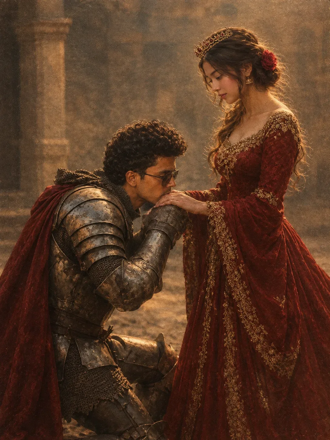 Create An Ultra Realistic Cinematic Mediaeval Romantic Portrait Of A Young South Asian Couple AI Photo Prompt preview example result