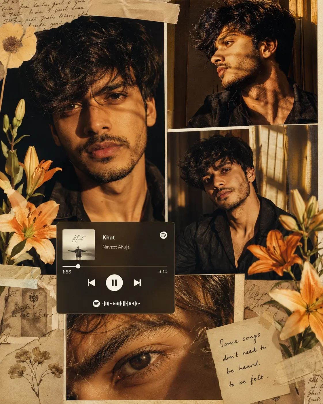 Create image Ultra-realistic cinematic scrapbook collage of a young Indian man with messy hair, light stubble, sharp j preview example result