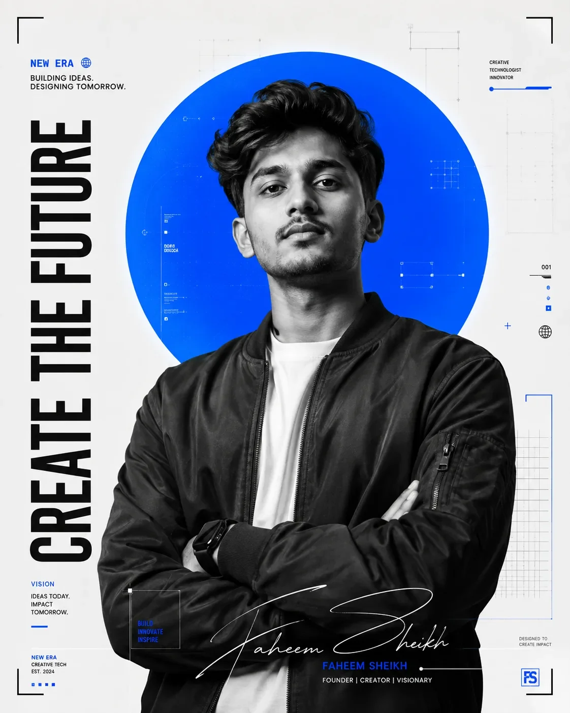 Create The Future Editorial Portrait Ultra-realistic Black & White Tech Poster With Blue Halo AI Photo Prompt preview example result