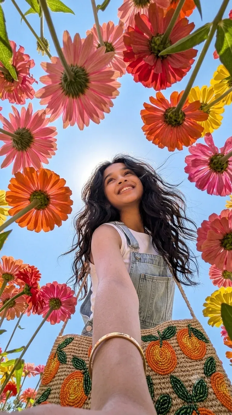 Creative Low-angle Worm's Eye View Female Portrait Framed By Colorful Daisies AI Photo Prompt preview example result