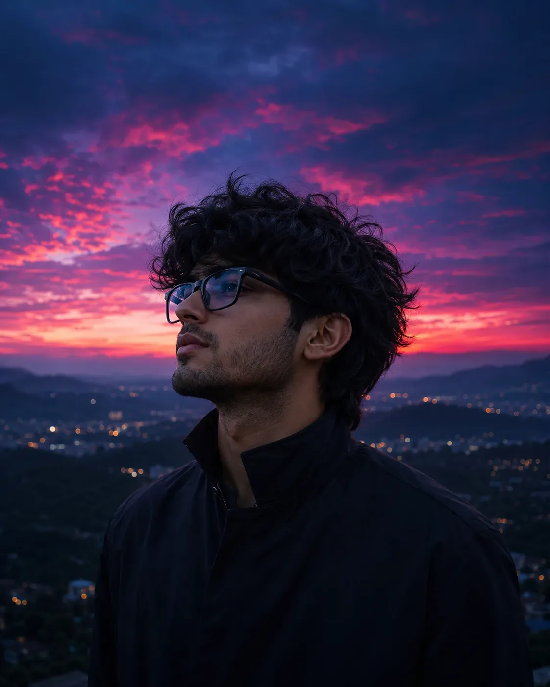 Crimson Horizon Premium Cinematic Blue-hour Portrait AI Photo Prompt preview example result