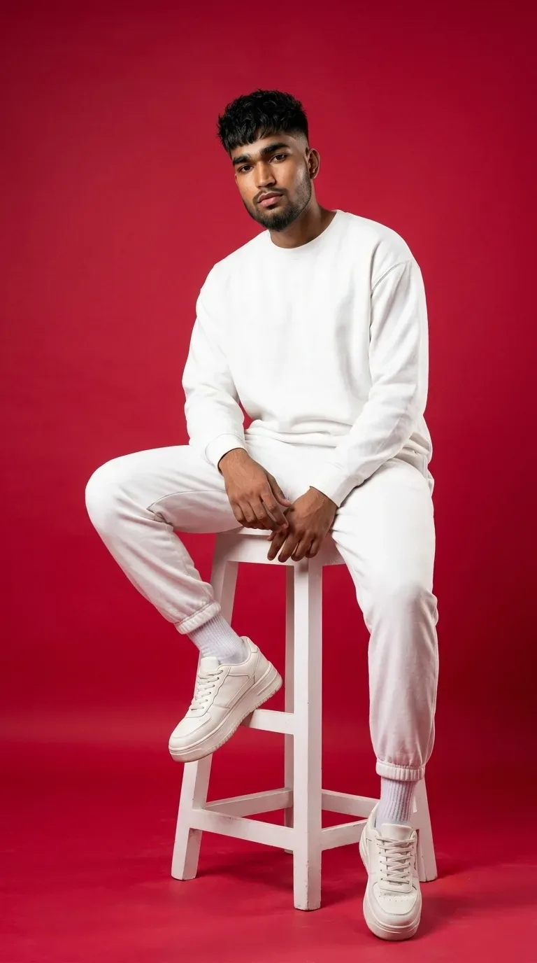Crimson Studio Male Fashion Portrait In All-white Tracksuit On Wooden Stool AI Photo Prompt preview example result
