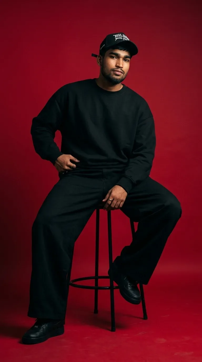 Crimson Studio Male Portrait In All-black Streetwear On Metal Barstool AI Photo Prompt preview example result