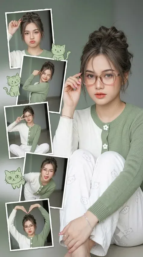 Cute Aesthetic Polaroid Scrapbook Collage Of A Young Woman In Green And White Loungewear With Hand-drawn Cat Doodles AI Photo Prompt preview example result