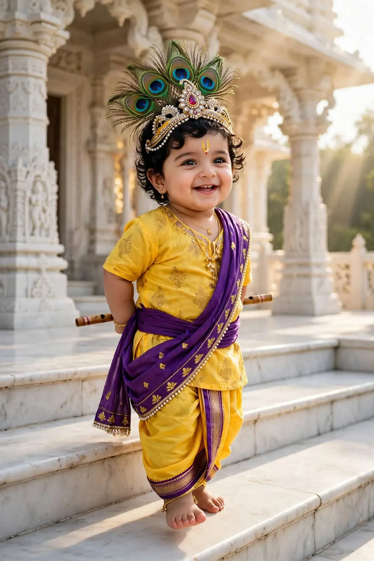 Cute Baby Krishna At White Marble Temple Little Kanha With Flute 8K AI Photo Prompt preview example result