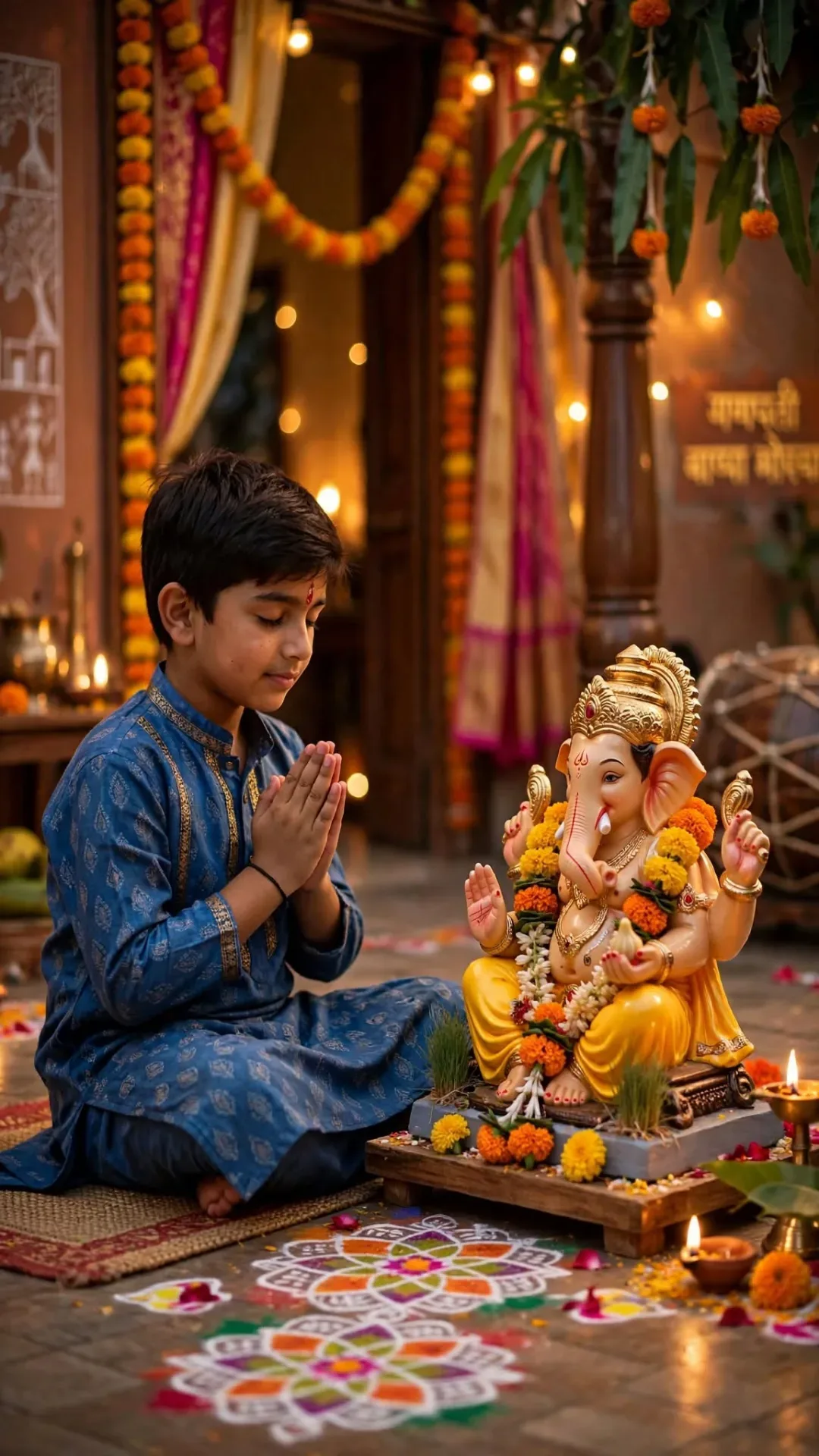 Cute Boy With Ganesh Idol Ganesh Chaturthi Festive Prayer 9:16 AI Photo Prompt preview example result