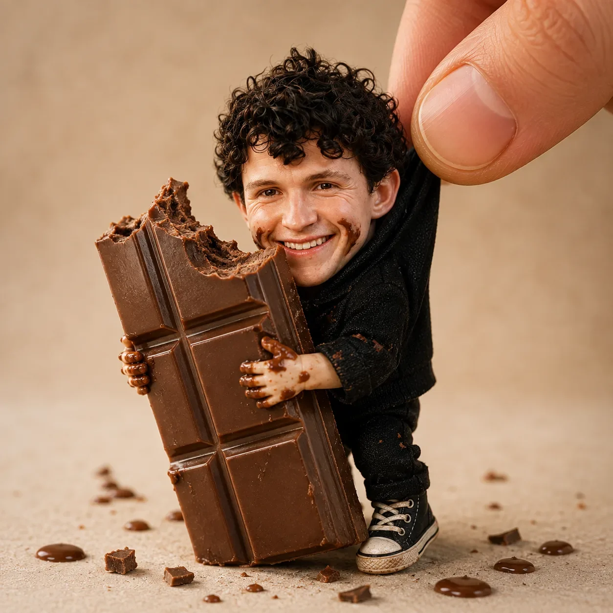 Cute Collectible Tom Holland Doll Holding Giant Kitkat Hyper-realistic AI Photo Prompt preview example result