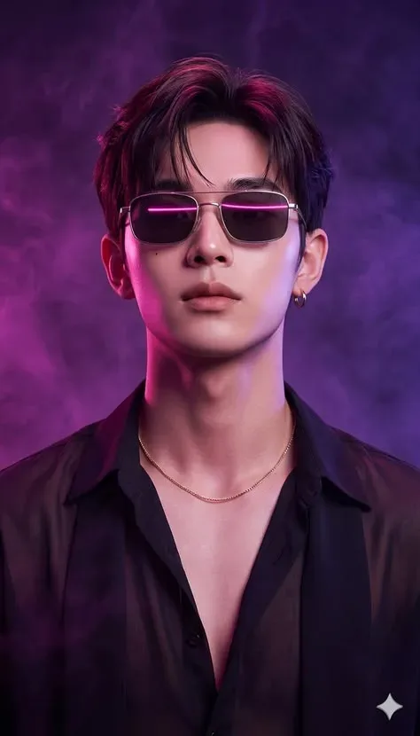 Cyber-moody Magenta Studio Portrait With Neon Sunglasses Reflections AI Photo Prompt preview example result