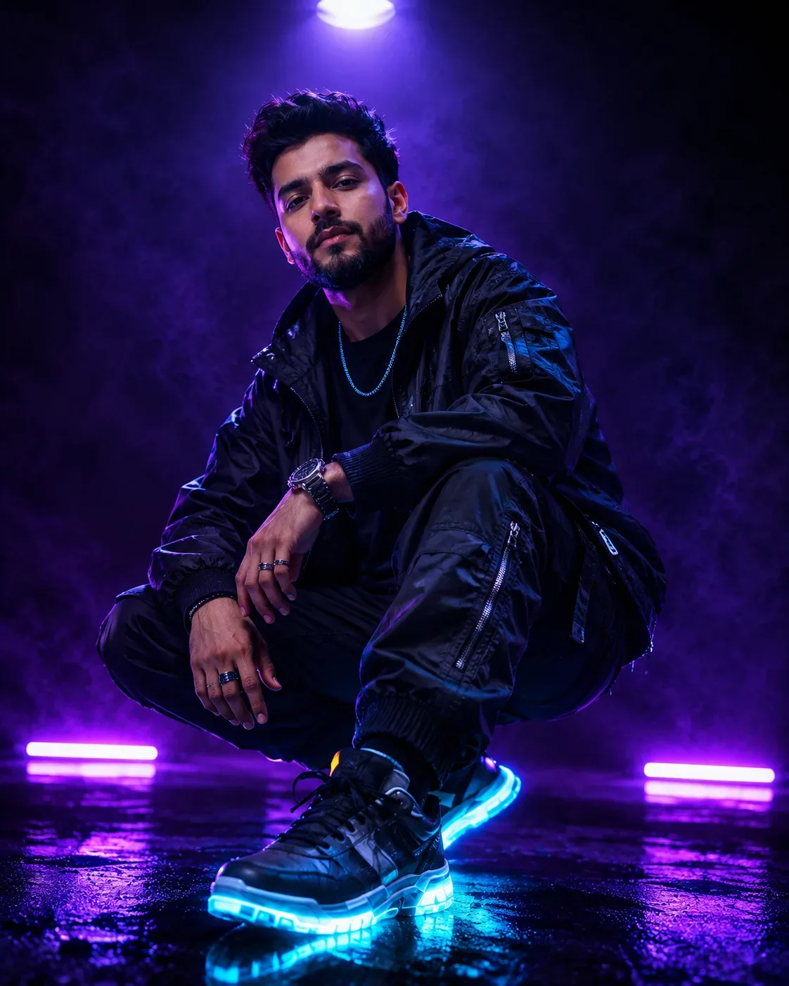 Cyberpunk Crouching Portrait Neon Streetwear Editorial Fashion Photography AI Photo Prompt preview example result