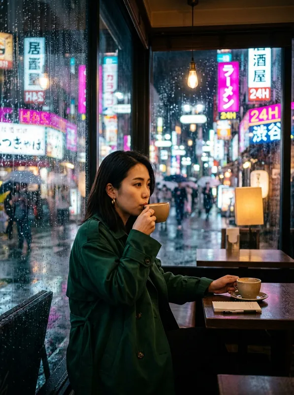 Cyberpunk Rainy Neon Street Cafe Girl AI Photo Prompt - copy paste viral AI photo prompt preview for Google Gemini and Bing Image Creator