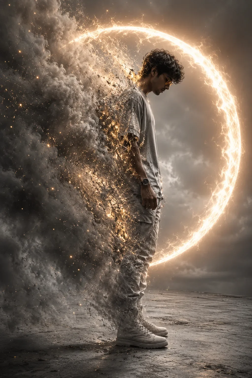 Dissolution Beneath A Fiery Arc AI Photo Prompt preview example result