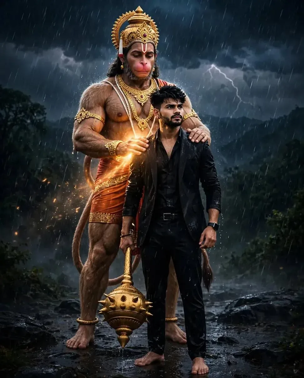 Divine Protection: Lord Hanuman Blesses Modern Man AI Art AI Photo Prompt preview example result
