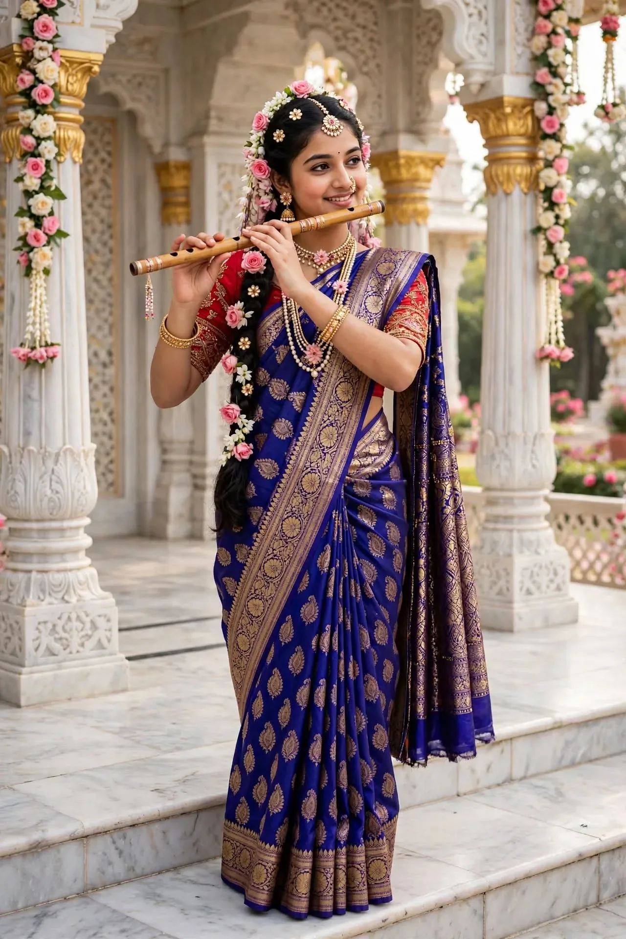 Divine Radha Playing Flute In Temple AI Photo Prompt preview example result