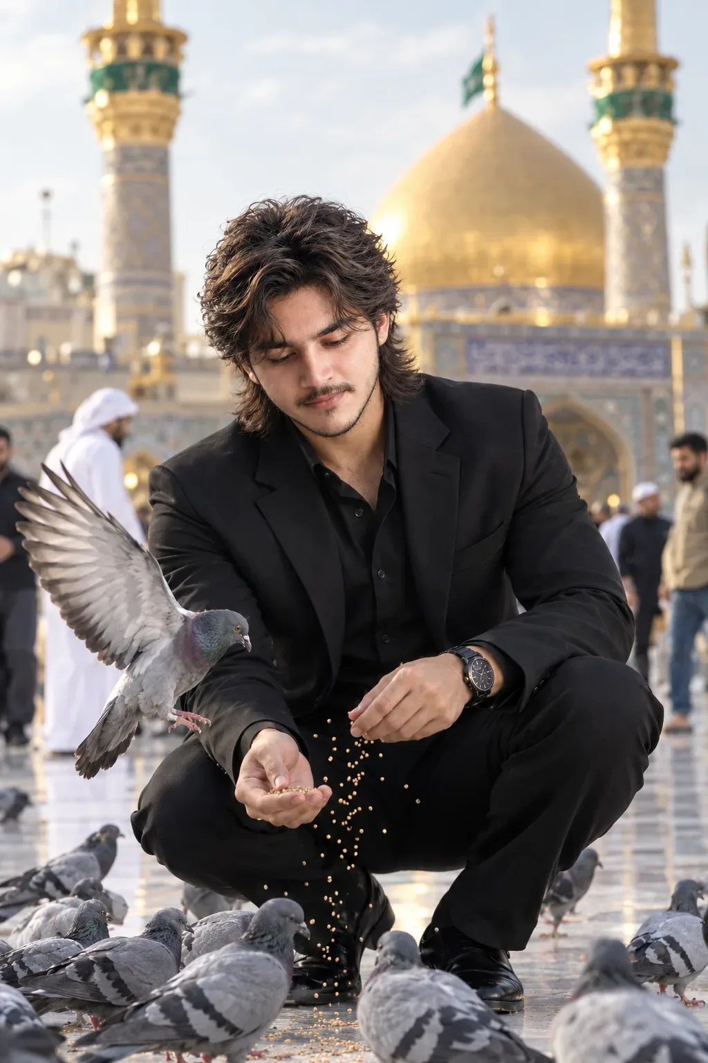 Divine Serenity A Cinematic Portrait Among The Pigeons AI Photo Prompt preview example result