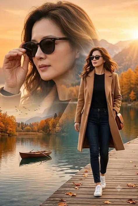 Double Exposure Cinematic Collage Of A Stylish Woman On A Wooden Dock By An Autumn Alpine Lake At Sunset AI Photo Prompt preview example result