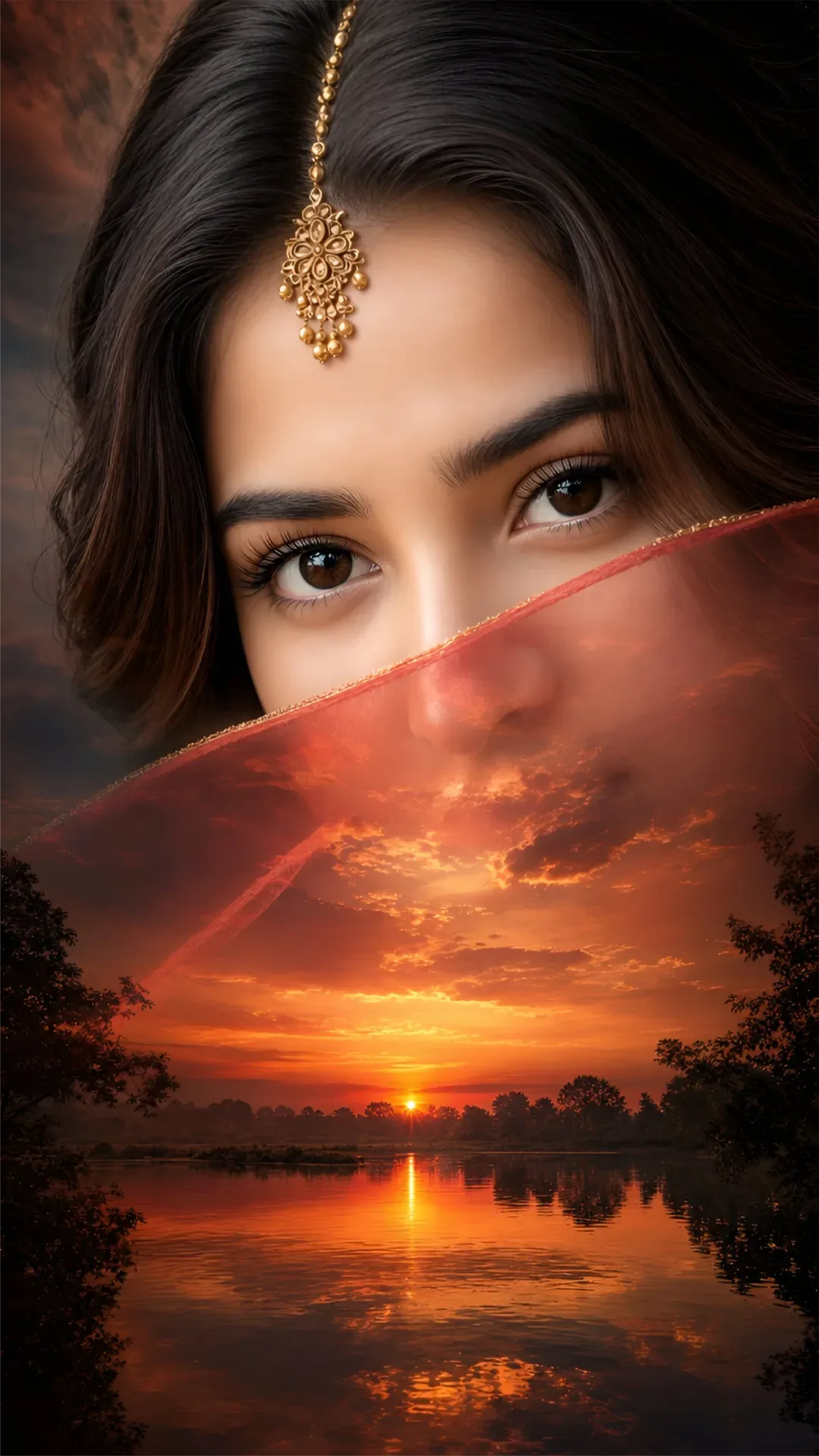 Double Exposure Cinematic Portrait Of A South Asian Woman With A Golden Maang Tikka Blended Into A Dramatic River Sunset AI Photo Prompt preview example result