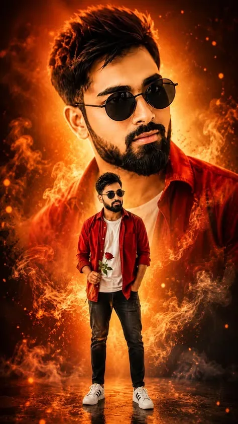 Double Exposure Fire Portrait With Red Shirt And Rose AI Photo Prompt preview example result