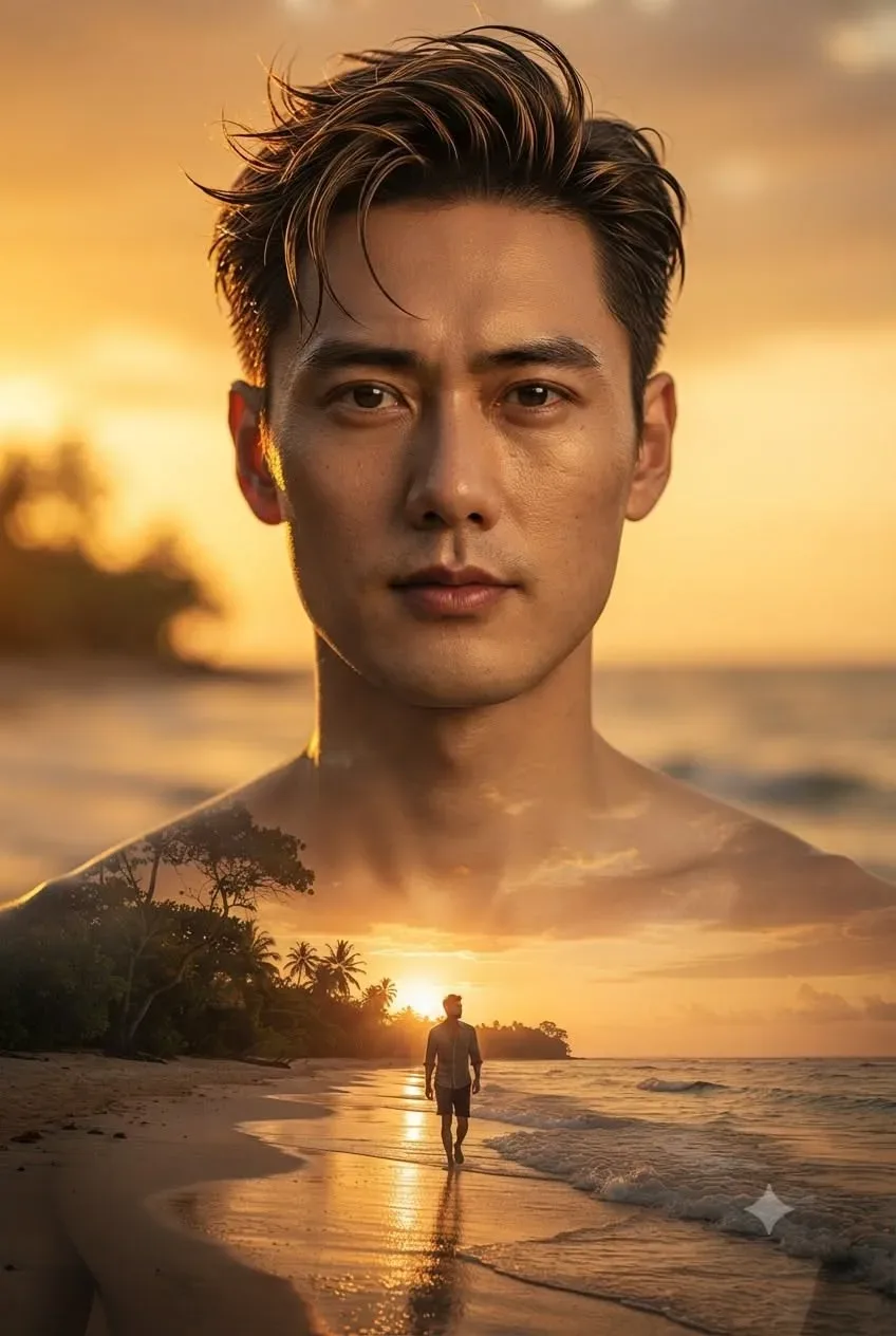 Double Exposure Portrait Of A Man Blended With A Tropical Beach Sunset And Silhouette Walking By The Shore AI Photo Prompt preview example result