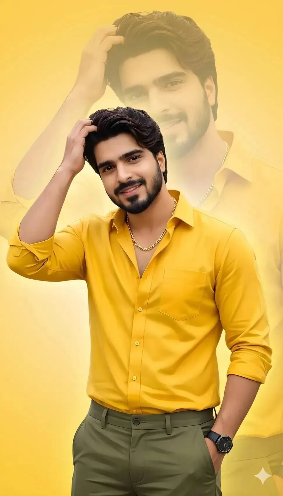 Double-exposure Studio Portrait In Vibrant Yellow And Olive Tones AI Photo Prompt preview example result