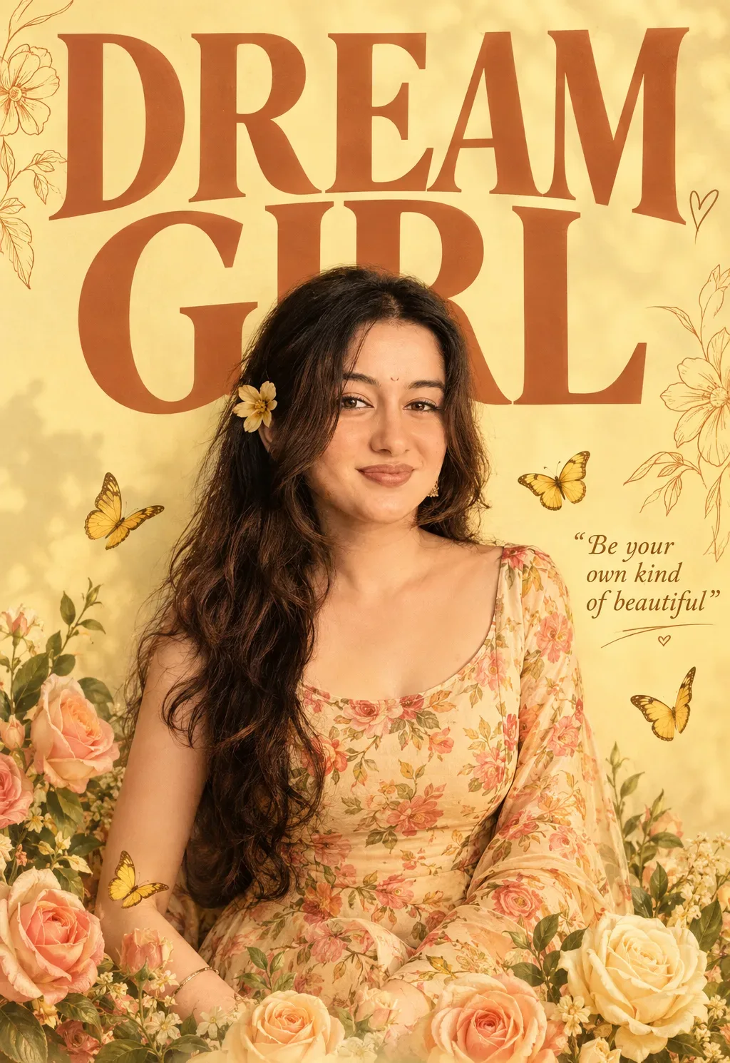 Dream Girl Floral Portrait With Butterflies And Vintage Aesthetic AI Photo Prompt preview example result