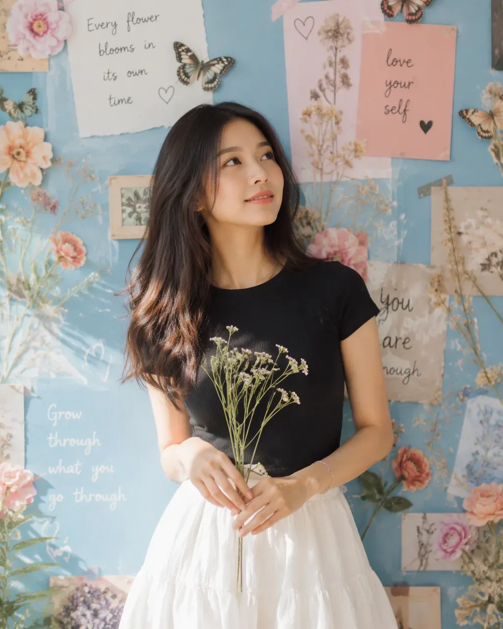 Dreamy Aesthetic Female Portrait Holding Wildflower Bouquet Against Floral Wall AI Photo Prompt preview example result