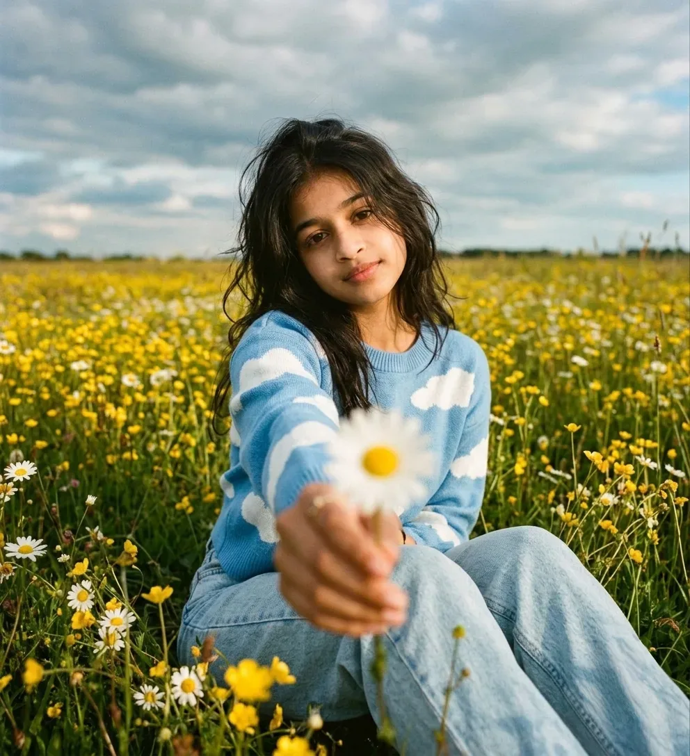 Dreamy Meadow Female Portrait Offering Daisy In Blue Cloud Knit Sweater AI Photo Prompt preview example result