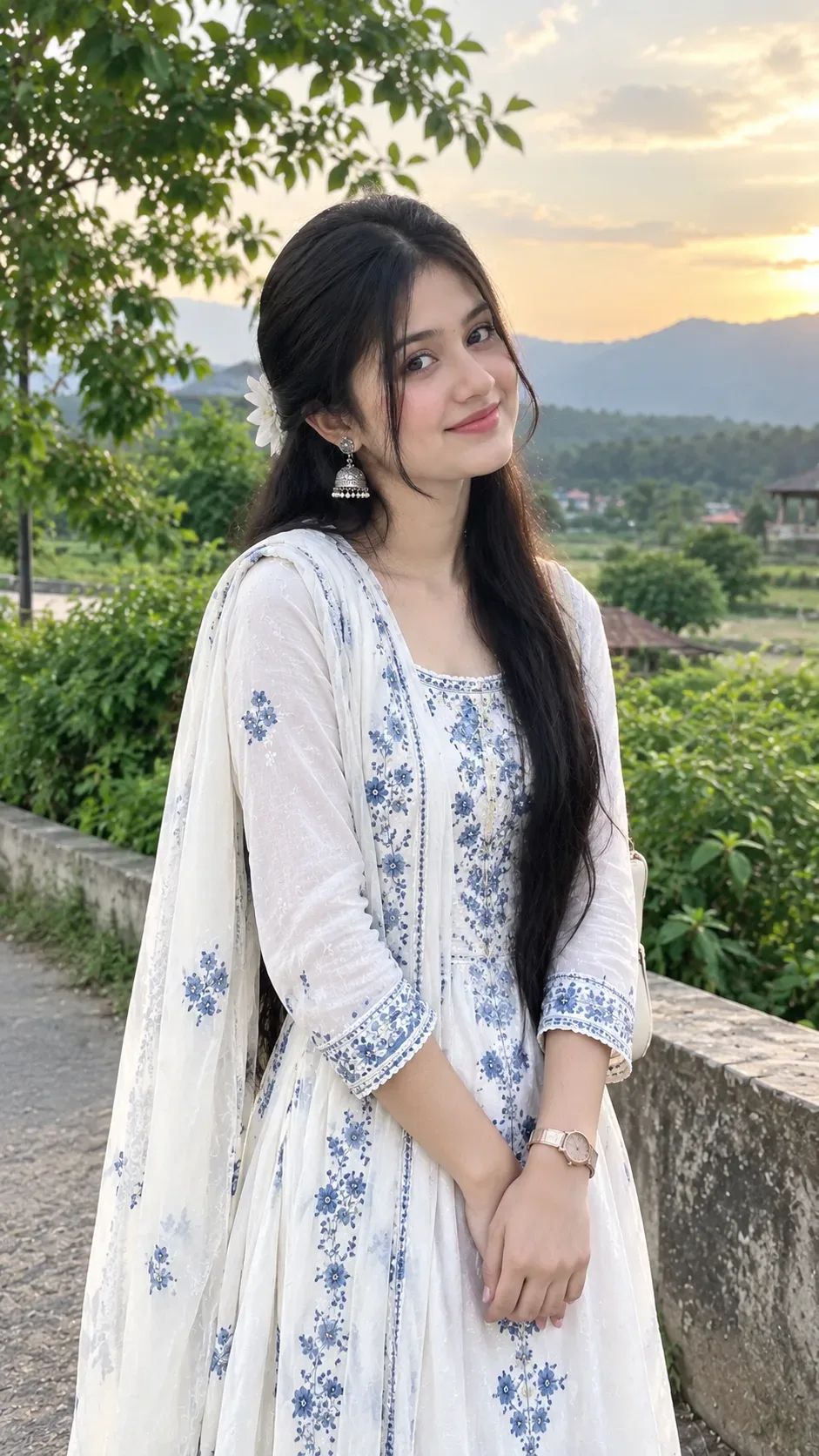 Dreamy Mountain Sunset Girl Elegant Traditional Look AI Photo Prompt preview example result