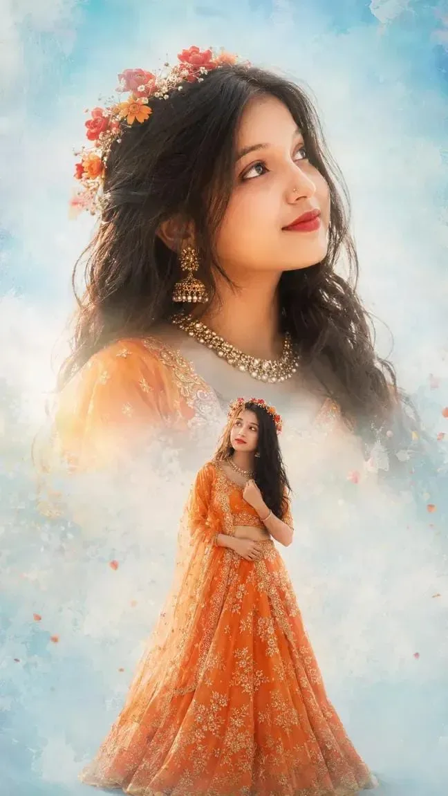Dreamy Orange Lehenga Floral Portrait AI Photo Prompt preview example result