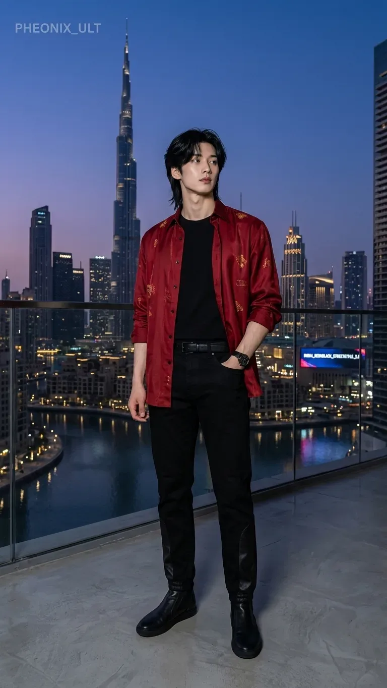 Dubai Skyline Executive In Red And Black AI Photo Prompt preview example result