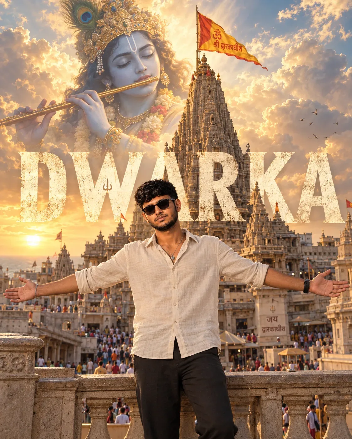Dwarka Krishna Temple Cinematic Devotional Portrait AI Photo Prompt preview example result