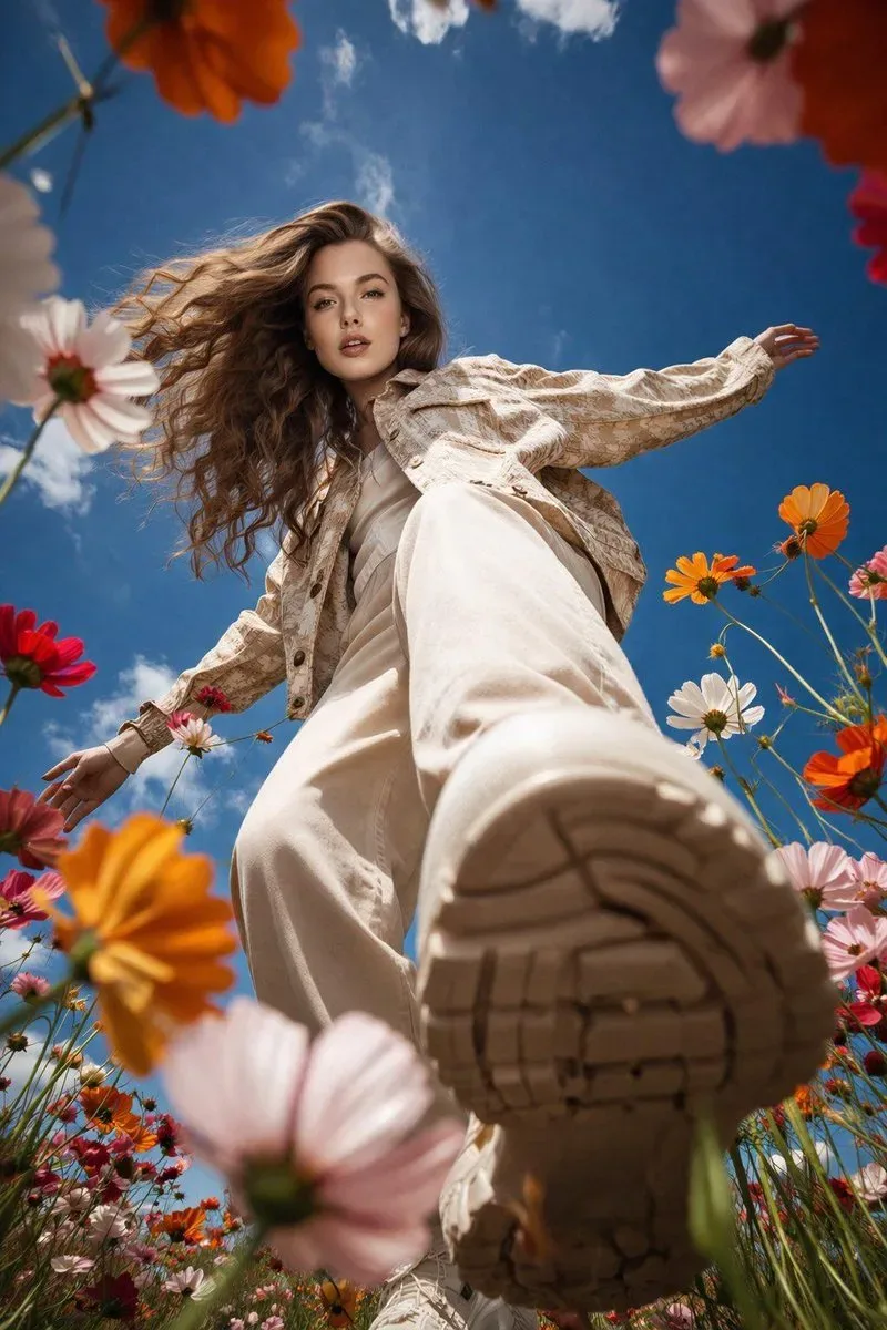 Dynamic Low-angle Female Portrait Stepping In Wildflower Meadow AI Photo Prompt preview example result