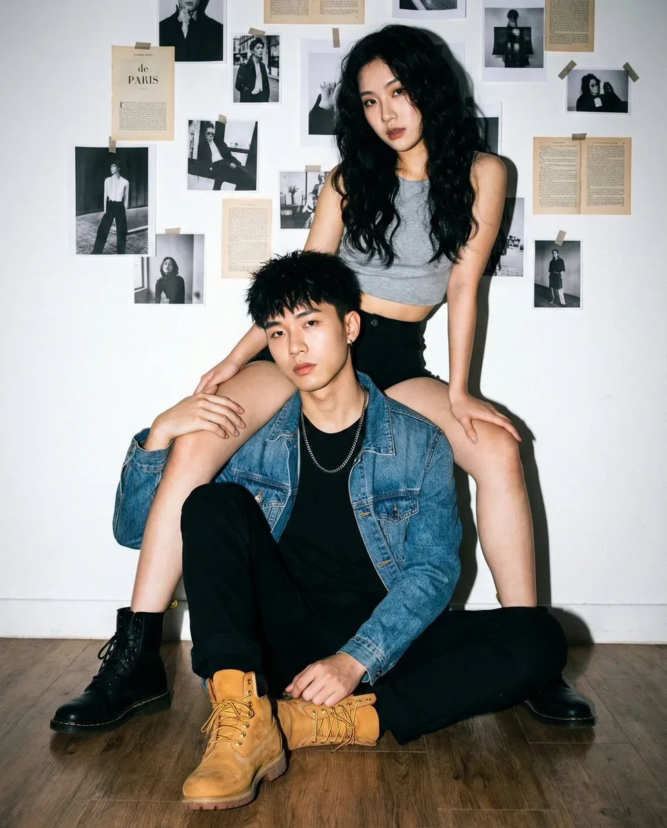 Edgy Urban Studio Couple Portrait With Piggyback Pose Against Photo Wall AI Photo Prompt preview example result