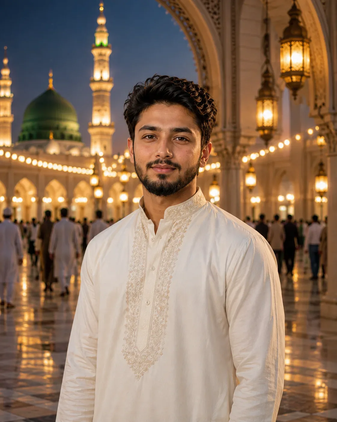 Eid Milad Peaceful Mosque Courtyard Portrait AI Photo Prompt preview example result