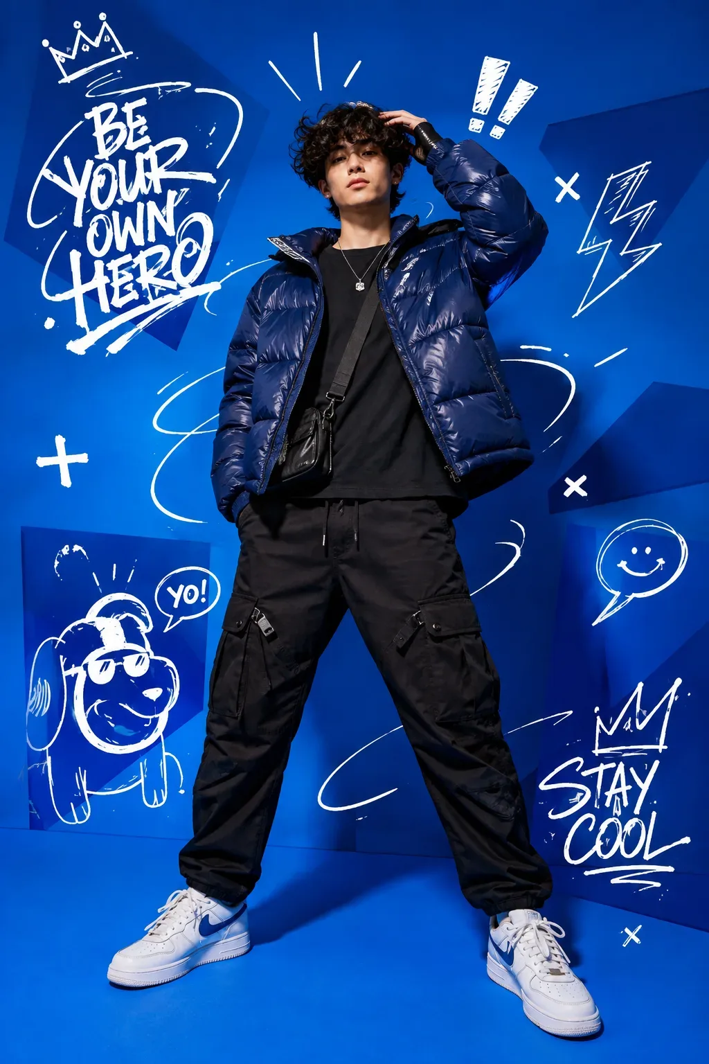 Electric Blue Streetwear Editorial Pop Art Fashion Poster With Graphic Doodles AI Photo Prompt preview example result