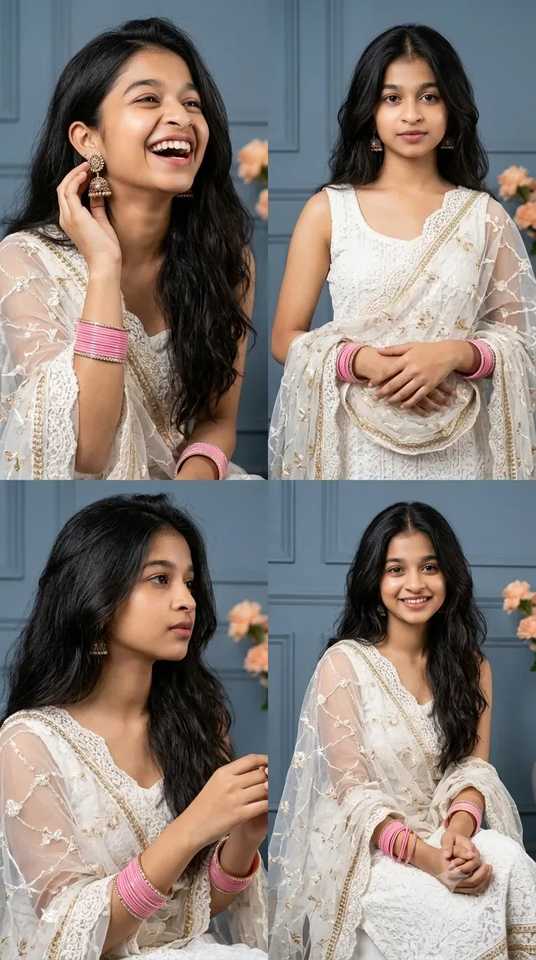 Elegant 2x2 Photo Collage Of South Asian Woman In Embroidered White Anarkali AI Photo Prompt preview example result